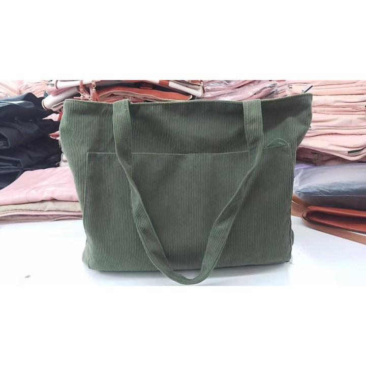 Bolso grande de pana para mujer, bolso de hombro con cremallera y bolsillos, adecuado para uso universitario o laboral (verde oliva)