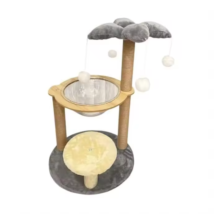 Rascador para gatos con cúpula acrílica y diseño de palmera – Juguetes colgantes y poste de sisal Marca Cottecota - 1