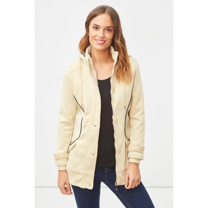Abrigo casual femenino largo botones y capucha - Beige - 1