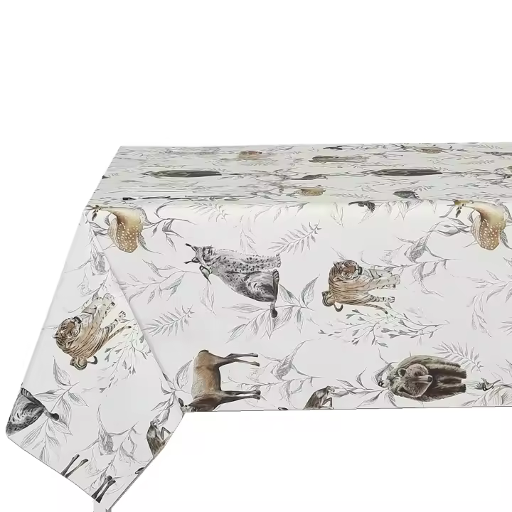 Mantel antimancha digital, Mantel lavable, Impermeable, Tela algodón, Para mesa rectangular, Ideal para hogar,  Estilo moderno, Animales,Fondo blanca marfil,  Ancho 137cm，DM125 - 1
