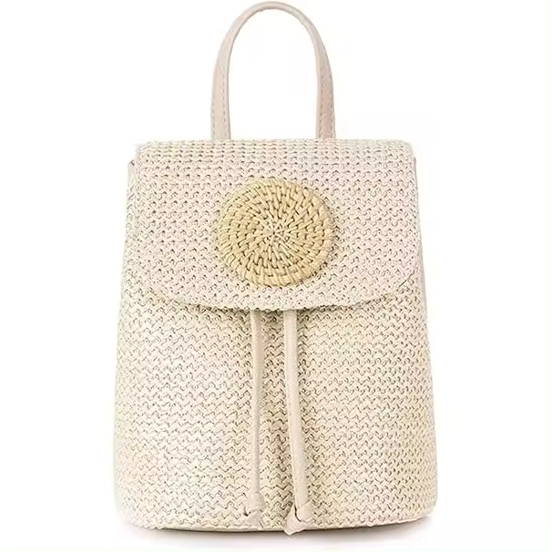 Mochilas de paja para Mujer, Bolso informal, mochila de ratón, Bolso de hombro con solapa, mochila Tejida para Viajes (Beige) - 1