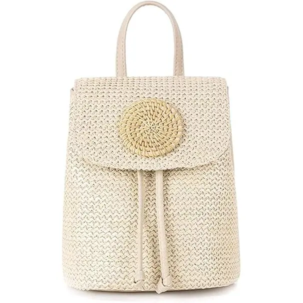 Mochilas de paja para Mujer, Bolso informal, mochila de ratón, Bolso de hombro con solapa, mochila Tejida para Viajes (Beige) - 1