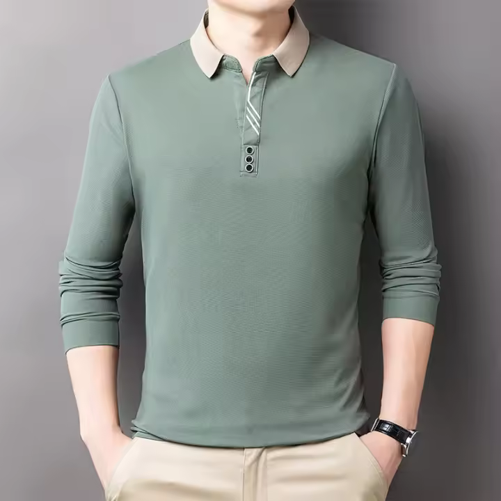 Camisa Polo Casual Para Hombres Con Rayas Y Cuadros Manga Larga Estilo Solido Moda Top De Cuello Redondo Material De Algodón - 1