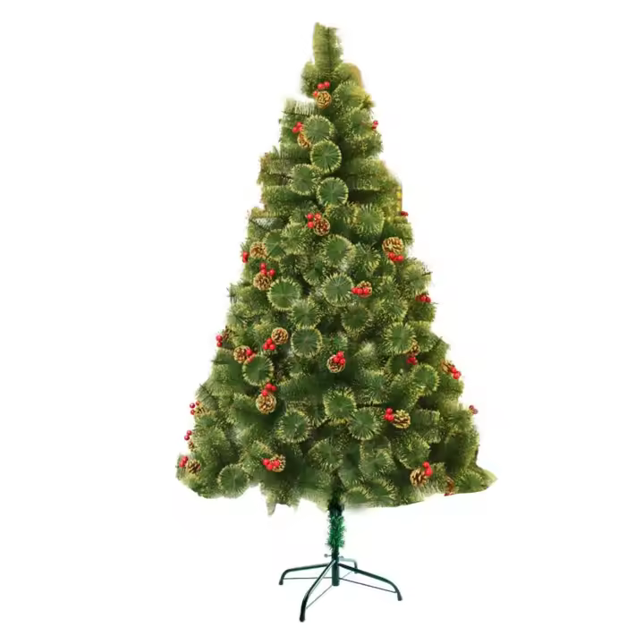 Árbol de Navidad Artificial Decorado 120-180cm con Efecto de Nieve y Conos de Pino Decorativos, Bayas Rojas - Soporte Metálico - Instalación Fácil y Rápida. - 1