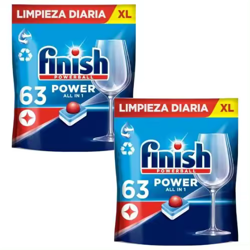 FINISH Powerball POWER All in 1 - Pastillas para lavavajillas - Limpieza y brillo diario - Pack AHORRO 126 pastillas (2x63) - 1