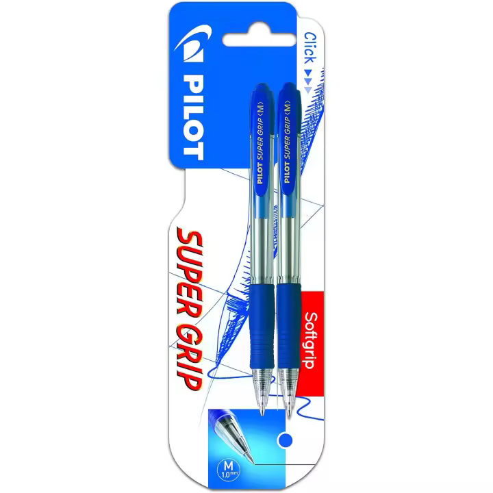 Pilot Bolígrafo Super Grip Retráctil Punta 1mm Recargable Tinta Base de Aceite Azul (Pack de 2) - 1