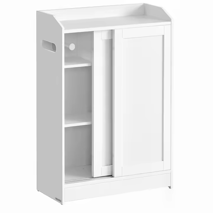 VASAGLE Armario de Baño, Mueble Baño Ahorra Espacio, Compartimento Papel Higiénico y Escobilla de Baño, Puertas Correderas, Estantes Ajustables, Lado Inodoro, 20 x 60 x 80 cm, Blanco Nube - 1