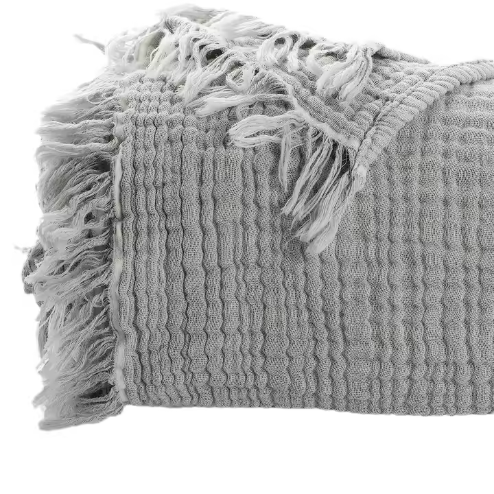 Manta de gasa de algodón puro de 4 capas con borlas, manta de crepé para bebé, manta de playa, manta de picnic, manta para automóvil - 1