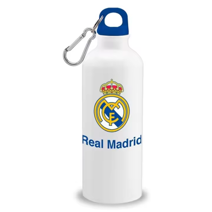 Real Madrid Botella de agua 500ml, Cantimplora aluminio con Clip Madrid, Color Blanco y Azul, Botella para Niños y Niñas, Producto Oficial Real Madrid, Regalo Cumpleaños, Navidad, Reyes - 1