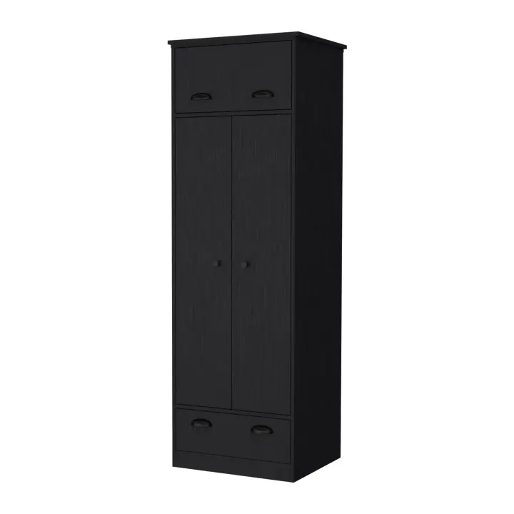 Armario falkland en melamina con 2 puertas ,2 estantes , 1 barra para colgar ropa ,  1 gabinete superior y 1 cajon , negro , 179 cm X 59.2 cm X 50 cm - 1