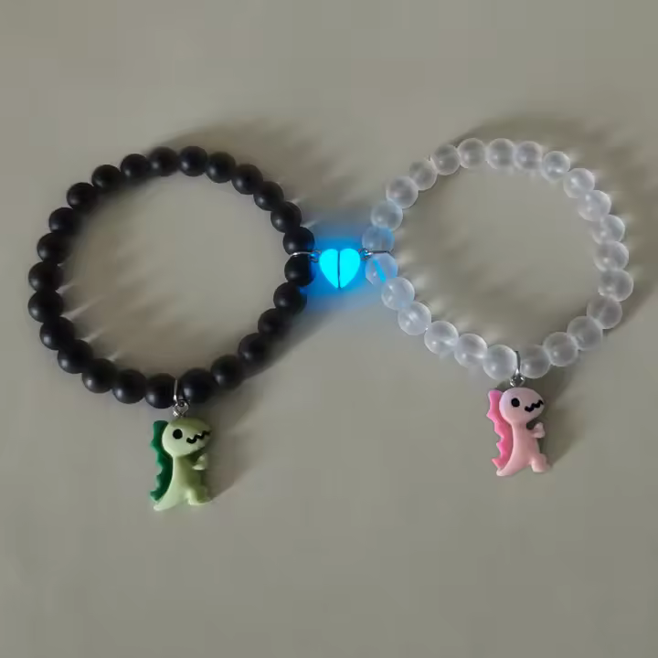 Pareja De Pulseras De Dinosaurio Y Corazón Luminoso 2 Piezas Conjunto Moda Pulseras De Bolas Para Parejas Accesorios De Joyería - 1
