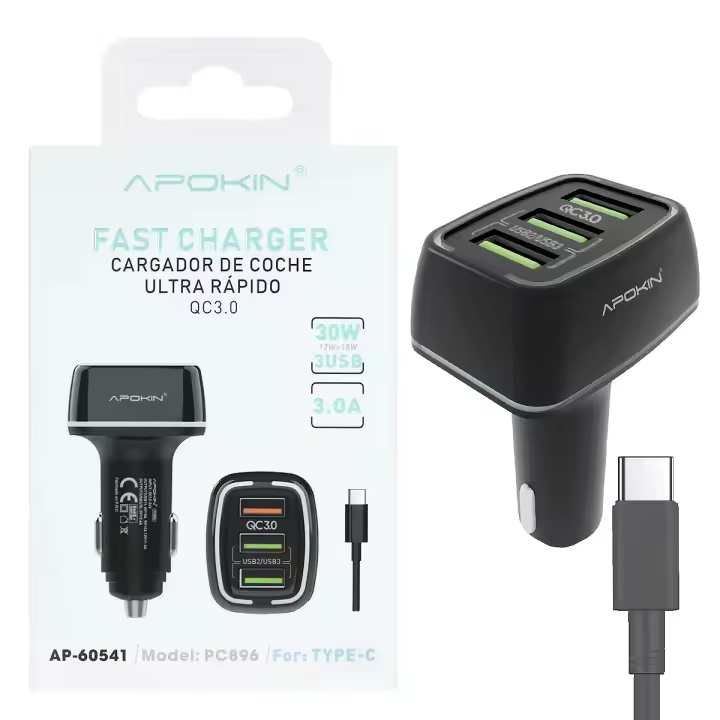 Cargador Coche 30W Triple Salida USB 3.0 Cable Tipo-C PC-896 Negro Conexión Mechero - 1