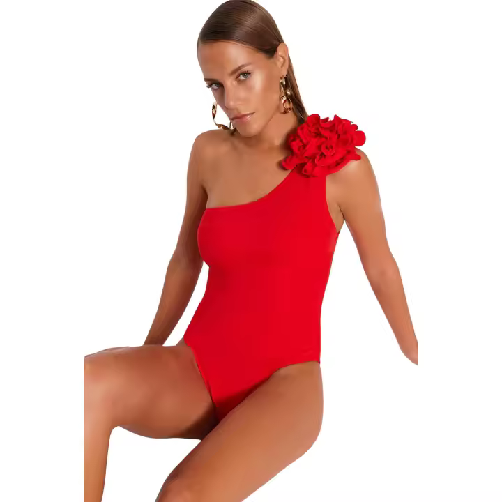 Trendyol Red One-Shoulder Floral Appliqué Regular Swimsuit Tbess23Ma00401 - 1