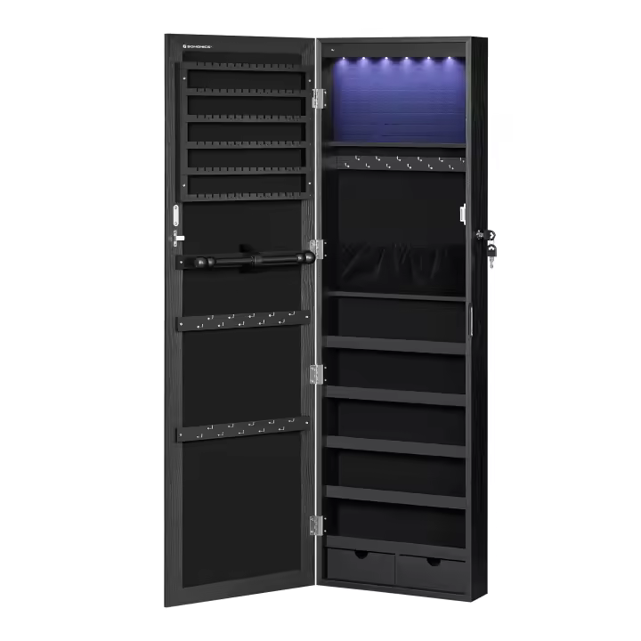 SONGMICS Armario para Joyas, Espejo Joyero de Pared, con Luces LED y Cierre, Organizador de para Pendiente, Collar, Espejo y Varios Compartimentos, Negro/Roble/Superficie Blanca y Forro Gris/Blanco/Marrón Rústico - 1