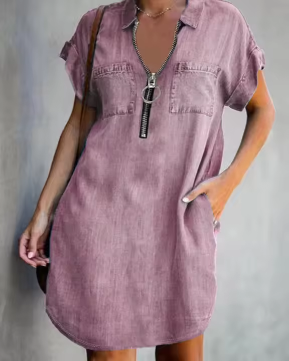 Vestido De Verano Para Mujer Estilo Casual Cuello En V Manga Corta Botón Cierre Imitación Denim Digital Mini Falda Antebrazo - 1