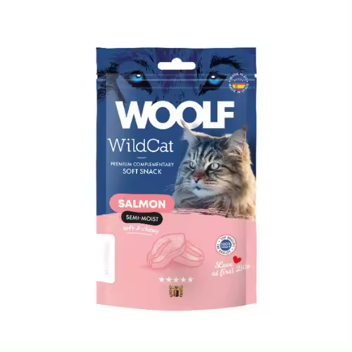 Snack para gatos semihúmedo de Salmón 50gr Woolf Wildcat - Sabrosa opción natural para su mascota - 1