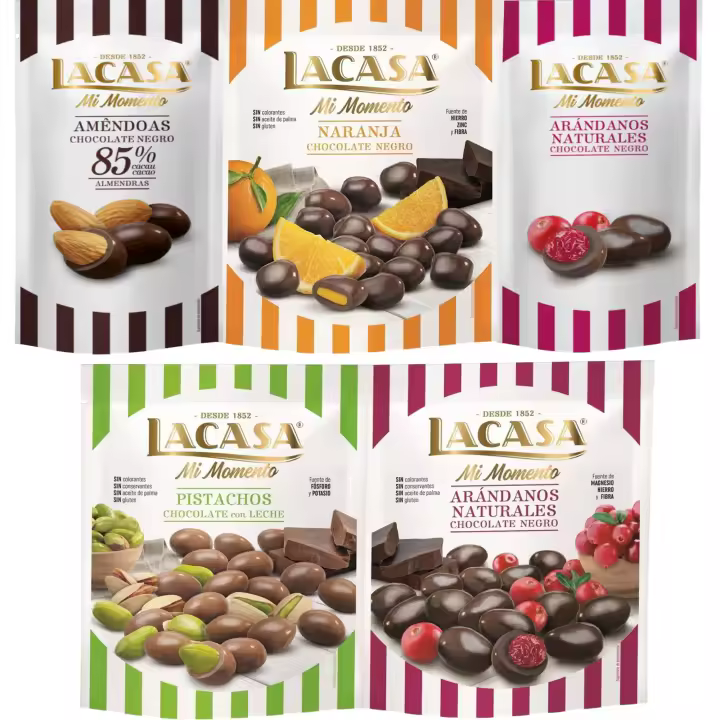 Lacasa Mi Momento pack de 5:Arándano choco Negro 60G,Almendra 85% 65G,Arándano choco Negro 125G,Naranja choco Negro 125G,Pistacho Leche 100G - 1
