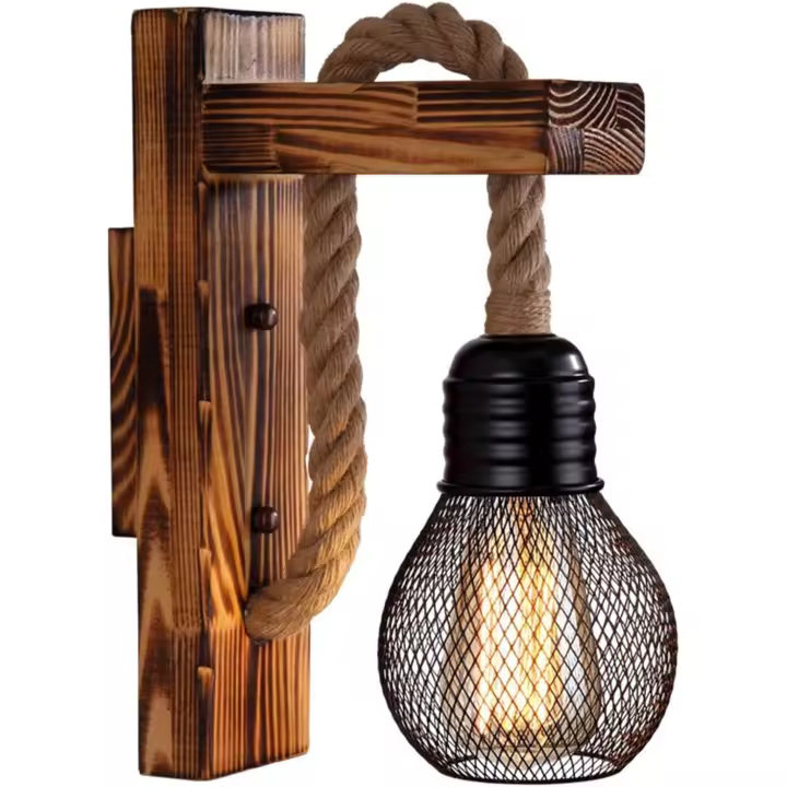 Aplique de pared de madera con cuerda de cáñamo, pantalla de lámpara de pared industrial, aplique de pared retro LED E27 para sala de estar, mesita de noche (bombilla no incluida) - 1