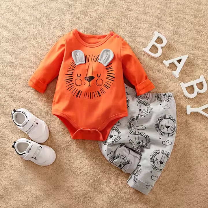 Conjunto De Ropa Para Bebe Niño Primavera Con Estampados De León Naranja De Algodón De Manga Larga Y Pantalones 0-18 Més - 1