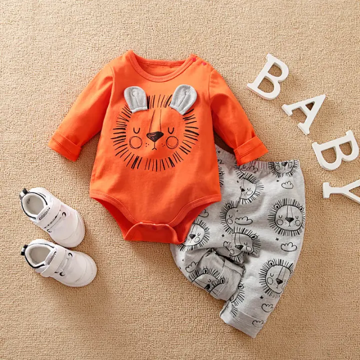 Conjunto De Ropa Para Bebe Niño Primavera Con Estampados De León Naranja De Algodón De Manga Larga Y Pantalones 0-18 Més - 1