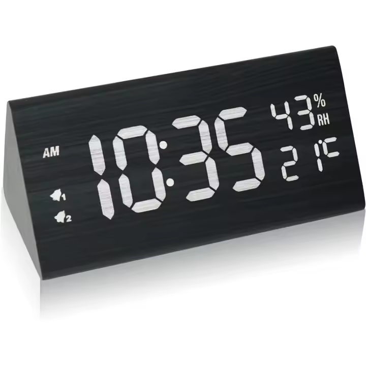 Reloj de Mesa de Madera, 3 grados de Brillo, 3 alarmas, despertador digital with Pantalla de humedad y temperatures, conexión de Alimentación USB para dormitorio, Sala de estar - 1