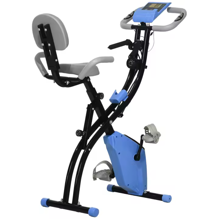 HOMCOM Bicicleta estática X-Bike Entrenador de bicicleta 2 en 1 Pantalla LCD Bicicleta estática plegable Rueda de corte con resistencia magnética ajustable en 8 etapas y 1 par de cuerda de tensión Acero Azul 97x51x115 cm - 1