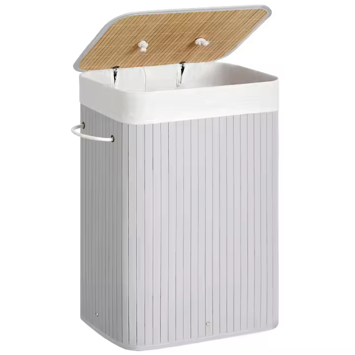 SONGMICS Cesto de la Ropa Sucia con Tapa, 72 L, Cesto de Lavandería de Bambú, Plegable, con Bolsa Lavable Extraíble, Asas, para Lavandería, Dormitorio, Gris/Natural/Negro/Blanco - 1