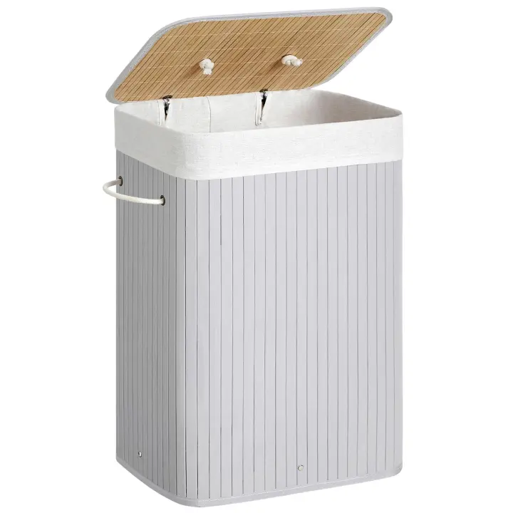 SONGMICS Cesto de la Ropa Sucia con Tapa, 72 L, Cesto de Lavandería de Bambú, Plegable, con Bolsa Lavable Extraíble, Asas, para Lavandería, Dormitorio, Gris/Natural/Negro/Blanco - 1
