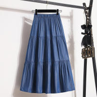 Falda Midi De Seda Suave Para Mujer Azul Jean Con Cintura Elástica Y Volantes Ajustada Casual Vintage Verano Midi Longitud De Pierna - details 3