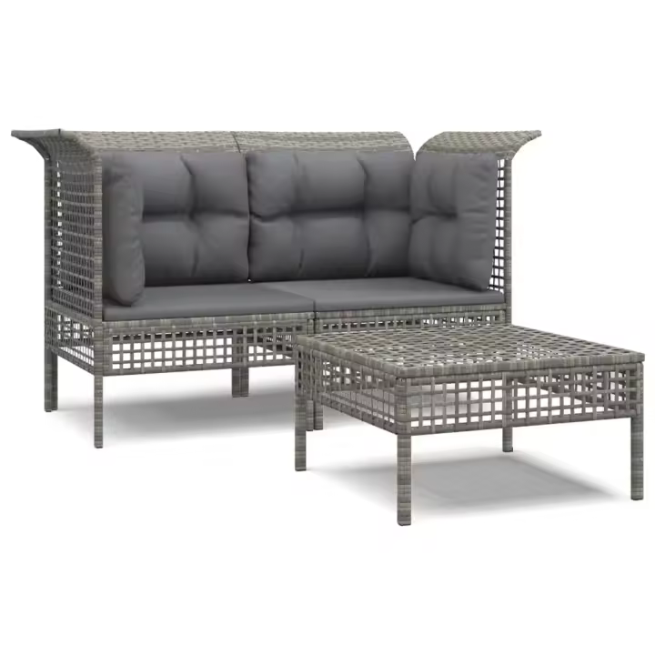 vidaXL Set de muebles de jardín 3 pzas y cojines ratán sintético gris - 1