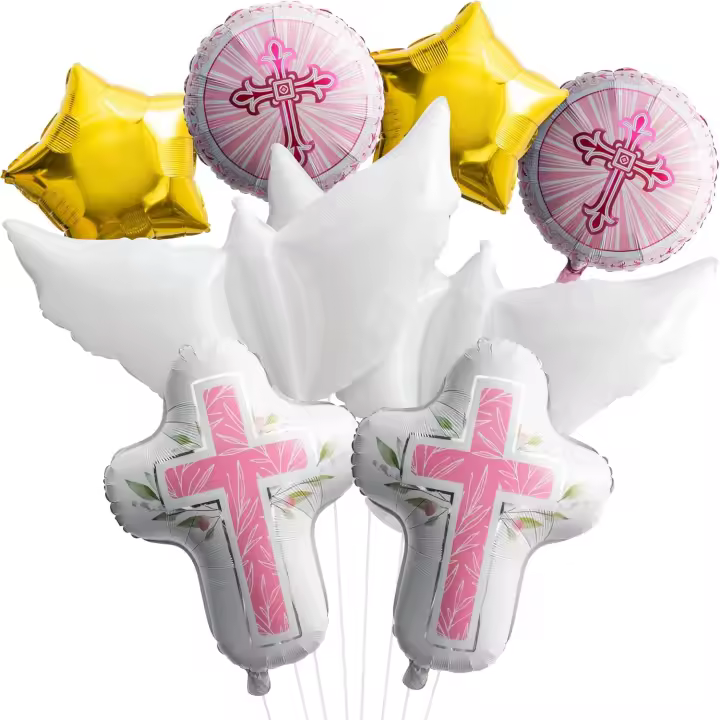 Ballon Première Communion, 8 Pièces Bapteme Ballon en Aluminium, Colombe Croix Étoile Ballons Communion, Ballon Bapteme pour Enfants Première Communion Fête Décoration (Rose) - 1