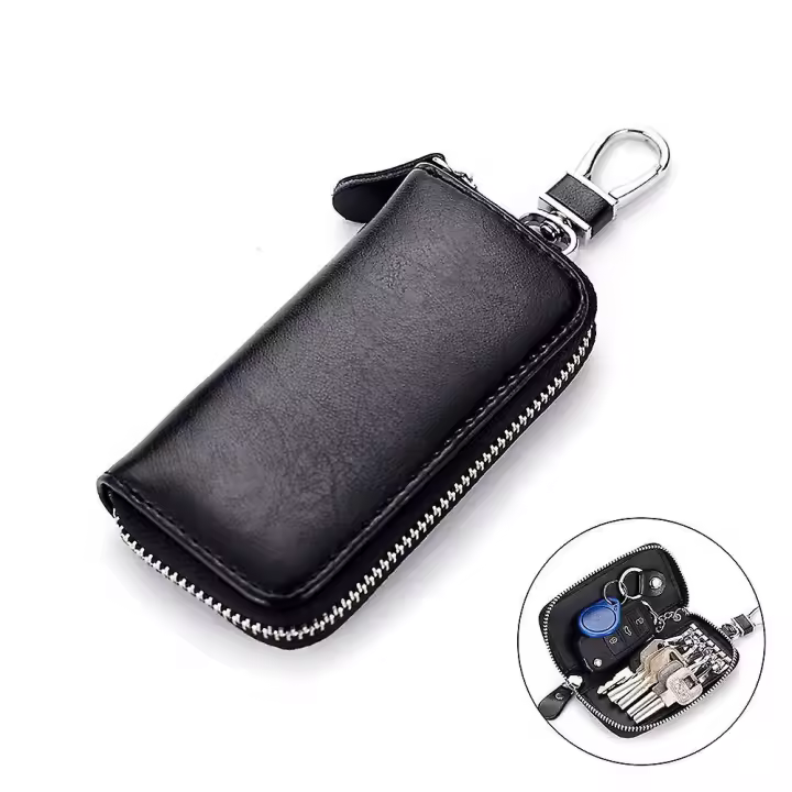 Caso clave de cuero doble cremallera coche clave caso llavero cartera hombres y mujeres (negro) - 1