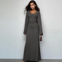 Vestido De Mujer Elegante Con Cuello Cuadrado Y Manga Larga Slim Ankle Strap Vestido De Polyester De Alta Estirabilidad Estilo Casual - details 7