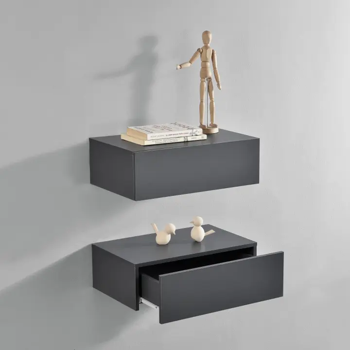 Set de 2 Mesitas de noche de pared Oslo con cajón - Gris oscuro - 46x30x15cm [en.casa] - 1