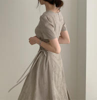 Vestido Largo De Algodón Y Lino Para Mujer Estilo Retro Vintage Con Manga Corta Diseño Sólido A-Line Cuello V Moda De Oficina - details 31