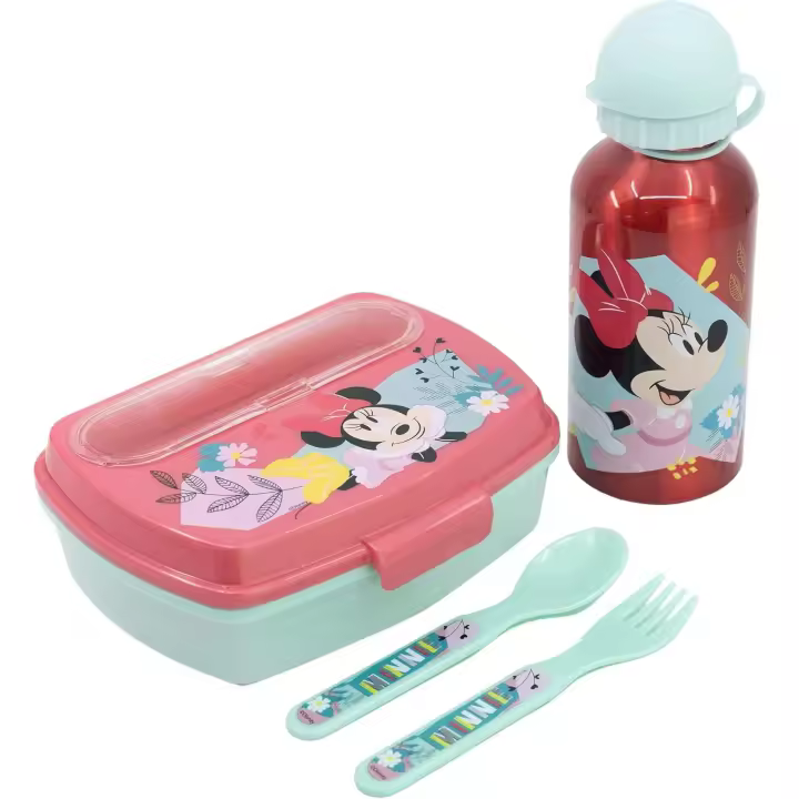 Set de botella de aluminio de 400 ml y fiambrera con cubiertos de Minnie Mouse. Libre BPA. STOR - 1