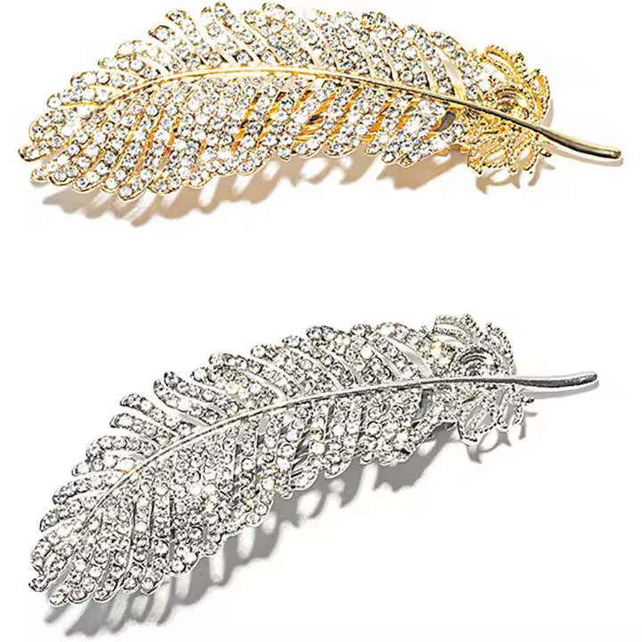 Pinzas para el cabello con plumas de cristal, pinzas para el cabello con hojas de metal vintage, 2 piezas de pasadores para el cabello con diamantes de imitación, accesorios para sujetar colas de caballo. - 1