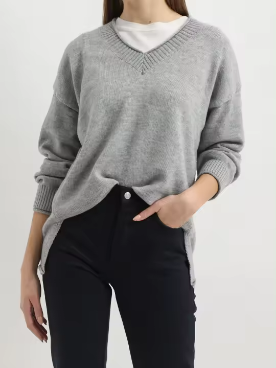 Jersey mujer punto, suéter cuello pico, hombro caído, lana mixta, corte oversize, manga larga, gris, suave, cómodo, versátil, talla única, remates canalé, ideal otoño/invierno, ✅Entrega 24/48h - 1