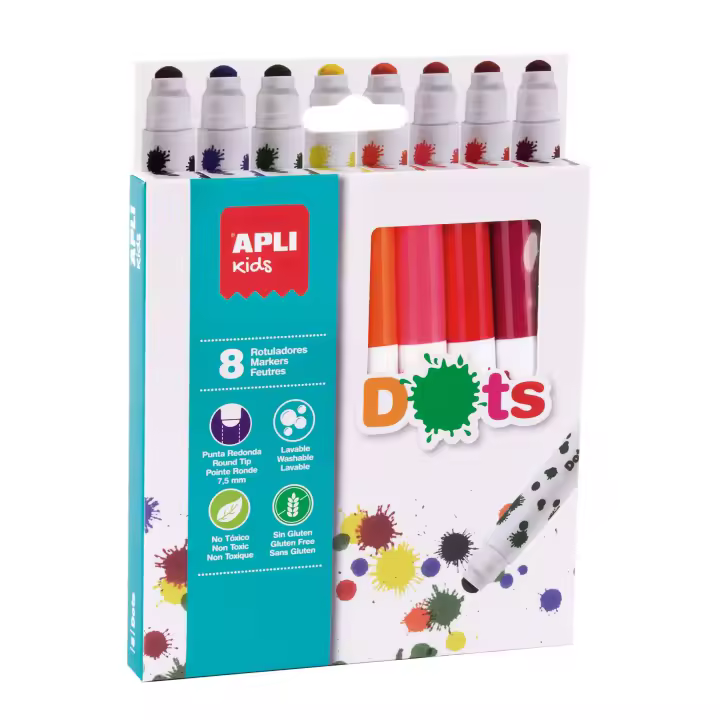Dots - Estuche 8 Rotuladores Infantiles Dots Súper Lavables - Rotulador Punta Redonda Dots - Rotuladores Infantiles Para Bebés Y Niños Más Pequeños - Rotuladores No Toxicos - Dots Apli - 1