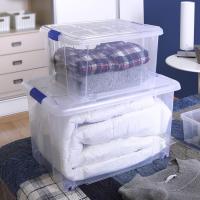 57L - Caja de almacenaje transparente de plástico con tapa, ruedas y cierres a presión - 45 x 62 x 32cm Compartimento para antipolillas , Ideal para ropa y objetos , Fácil manejo y transporte - details 1