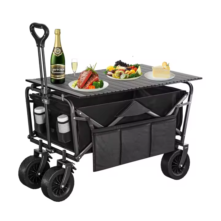 Carrito de Playa con Grandes Ruedas Universales, Carretilla Plegable con Mesa y 2 Portavasos Gran Capacidad 220 lbs, Altura del Mango Ajustable, Carro Camping para Jardín/Playa/Picnic (Negro) - 1