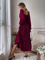 Vestido De Mujer Para Primavera/Verano Con Cuello Cuadrado Y Mangas Largas Ajustado En Cintura Con Volantes Y Corte Flared - details 15
