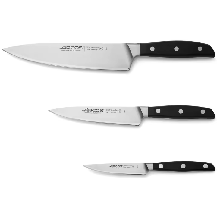 ARCOS Manhattan - Set de 3 Cuchillos de Cocina - Acero Inoxidable Forjado Nitrum® - Mango de Polioximetileno Negro (POM) - 1