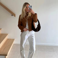 Chaqueta Casual Para Mujer ZBZA Marrón Vintage Con Pochetes Y Cuello En V Simple Breasted De Manga Larga Outerwear Slim Para Primavera Y Otoño - details 1