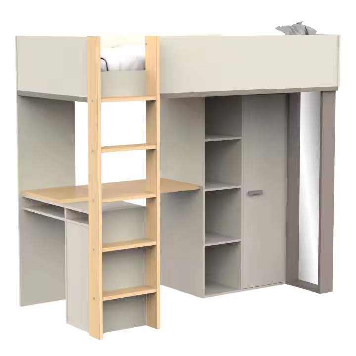 Cama Alta Juvenil Camillia 2 Puertas 3 Estantes 90x200 cm Roble Vicenza, Gris y Arcilla 204 cm Melamina - 1