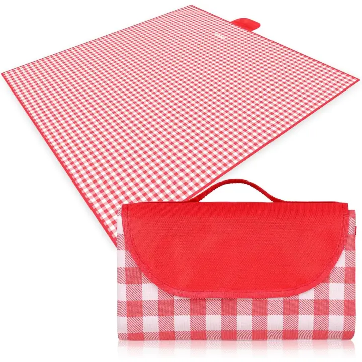 Manta de picnic de 200 x 200 cm, impermeable, plegable, con asa, ideal para senderismo, viajes, camping, actividades al aire libre y fiestas, tela Oxford a cuadros rojos y blancos. - 1