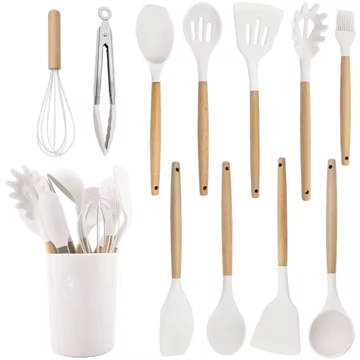 Juego De Utensilios De Cocina De Silicona 12 Piezas Antiadherente Con Mango De Madera Espátula Y Batidor Para Huevo Accesorios De Cocina Ecológicos Y Duraderos - 1
