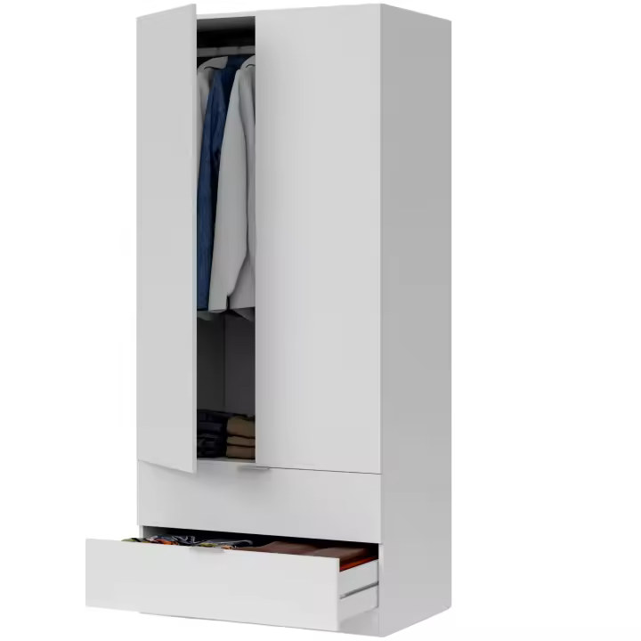Armario ropero 2 puertas abatibles 2 cajones color blanco mate dormitorio habitación juvenil mueble 180x82x52 cm - 1