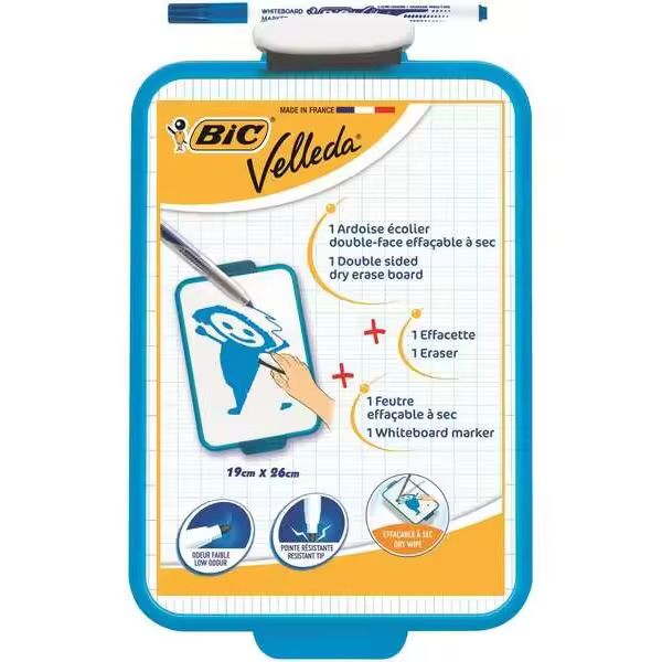 BIC Velleda Pizarra Escolar Doble Superficie Blanca y Milimetrada + Marcador y Borrador - 1