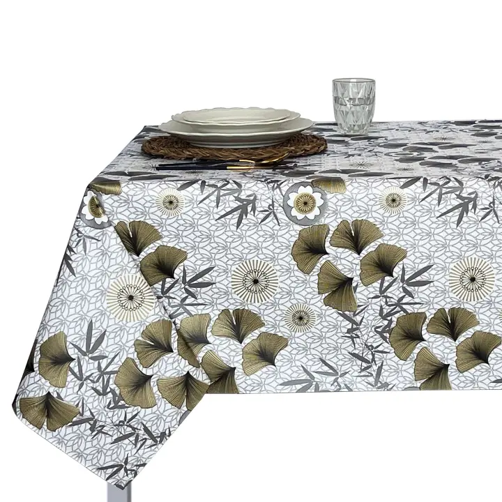 Mantel PVC, Mantel de hule, Mantel de hule lavable, Impermeable, Tapete de cocina, Modernos, Comedor, Ginkgo, Dorado, Oro y Blanco, Hojas doradas。 - 1